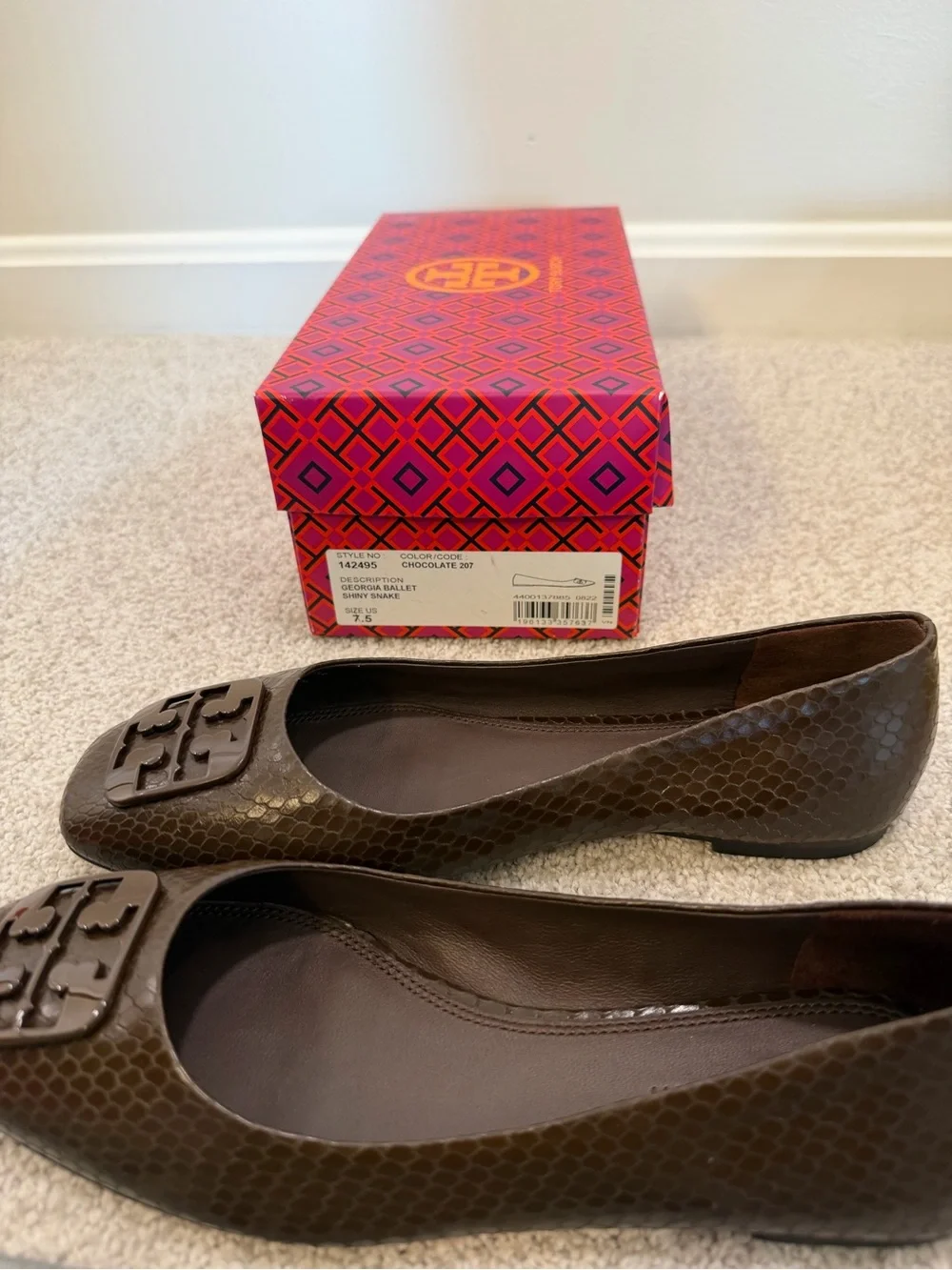 Tory Burch Dark Brown Textured Logo Ballet Flats